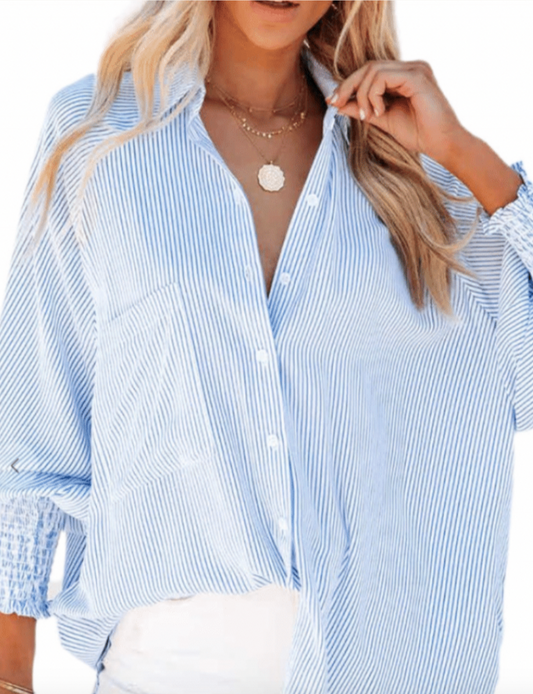 Oxford Blouse with Smocked Cuffs