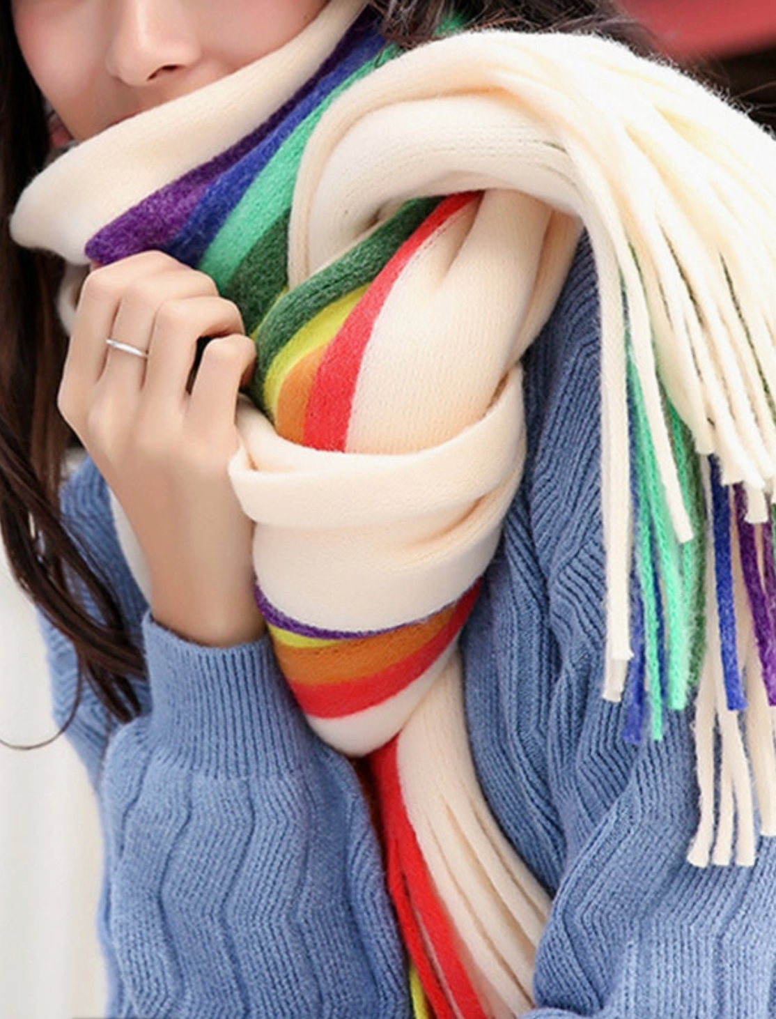 Contrast Multi-Colored Tasseled Scarf