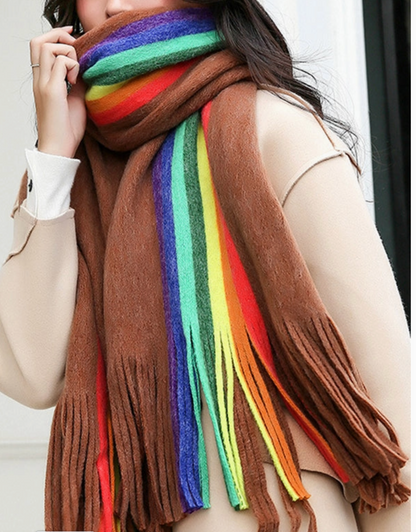 Contrast Multi-Colored Tasseled Scarf