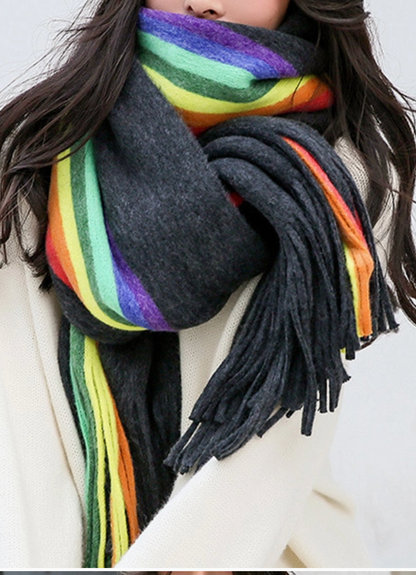 Contrast Multi-Colored Tasseled Scarf