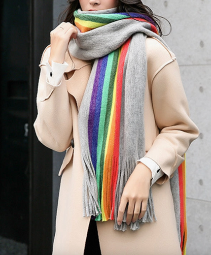 Contrast Multi-Colored Tasseled Scarf