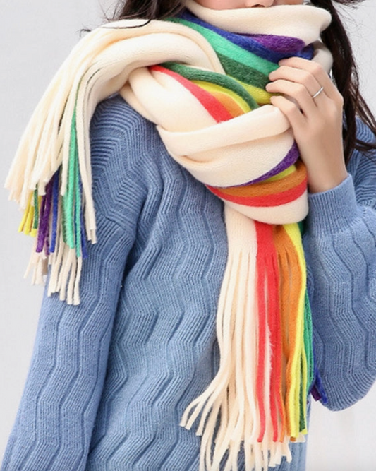 Contrast Multi-Colored Tasseled Scarf