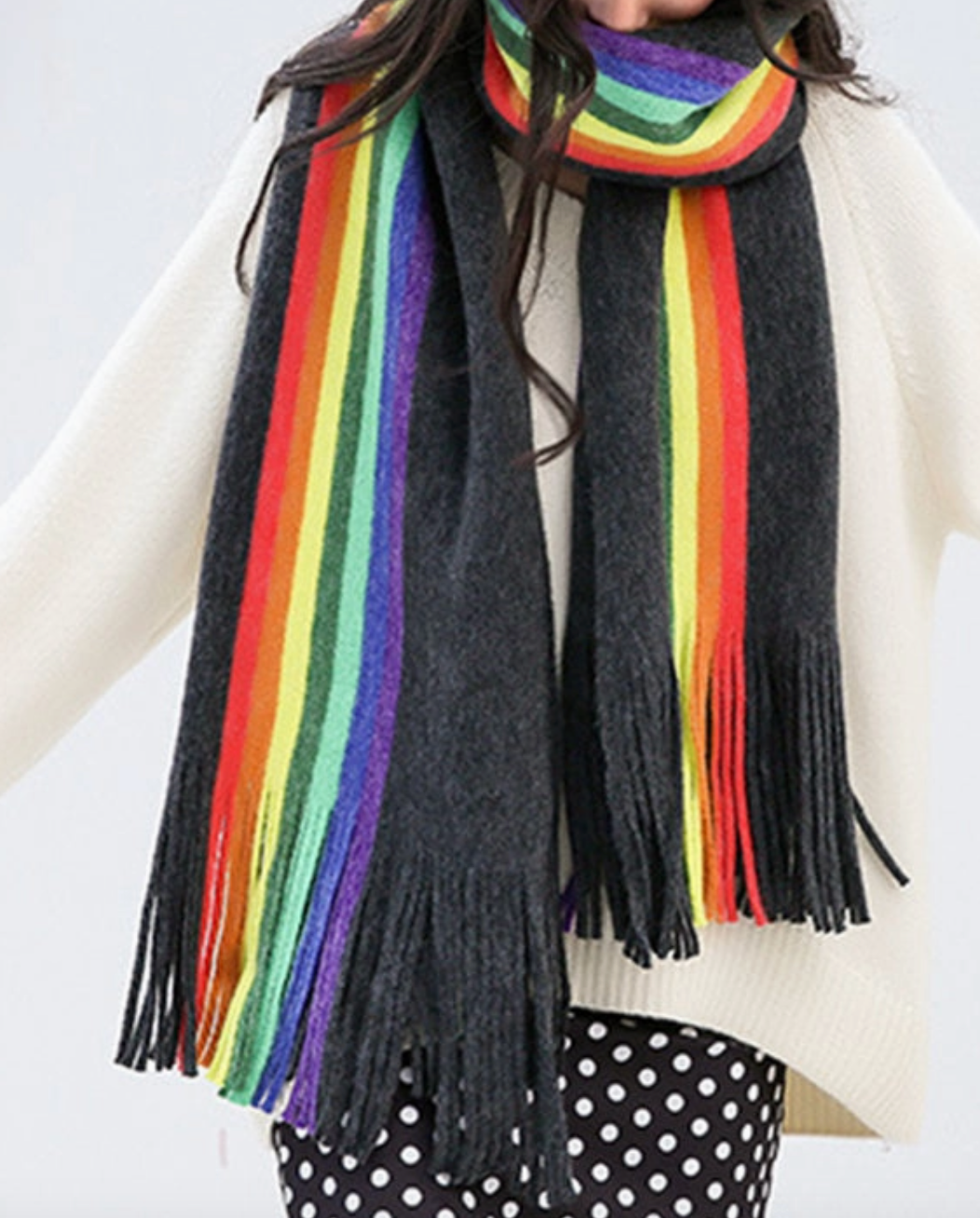 Contrast Multi-Colored Tasseled Scarf