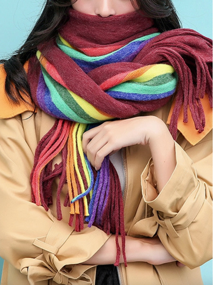 Contrast Multi-Colored Tasseled Scarf