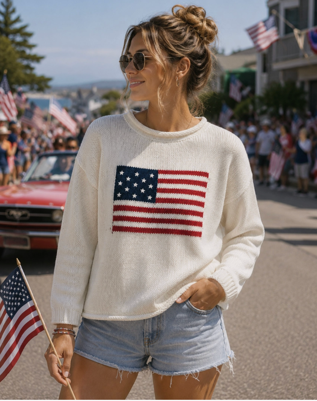 American Flag Cream Rolled Chunky Sweater