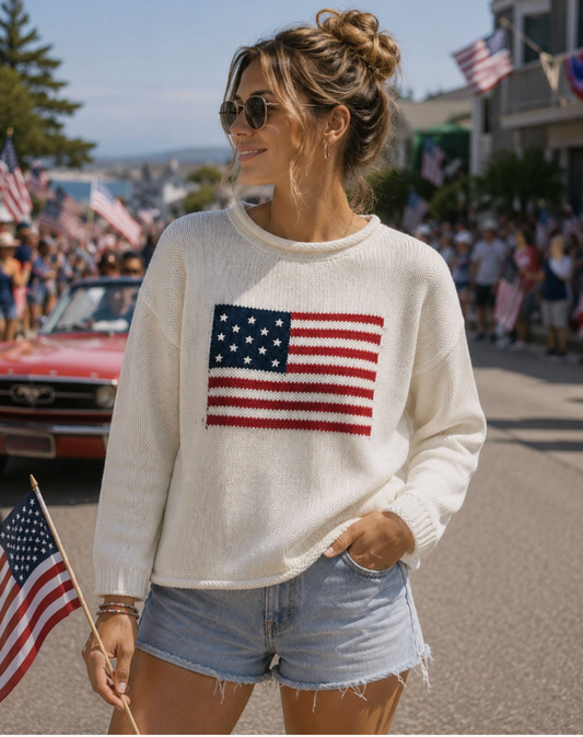 American Flag Cream Rolled Chunky Sweater