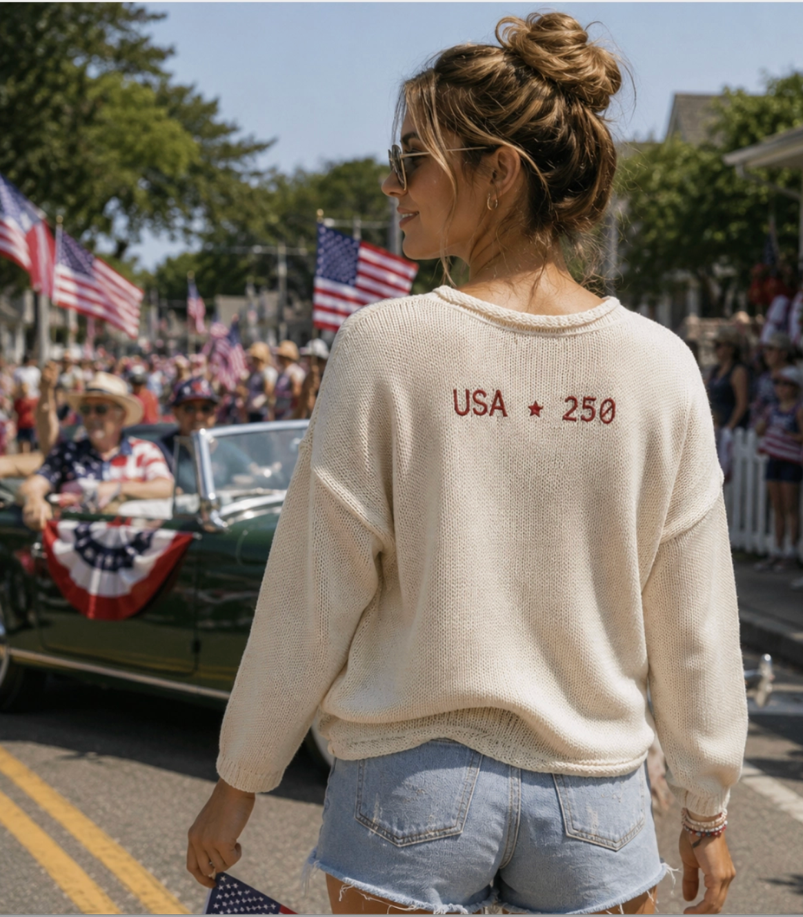 American Flag Cream Rolled Chunky Sweater