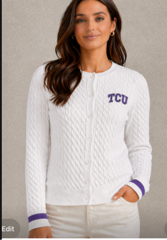 Custom Cable Knit Cardigan with TCU logo