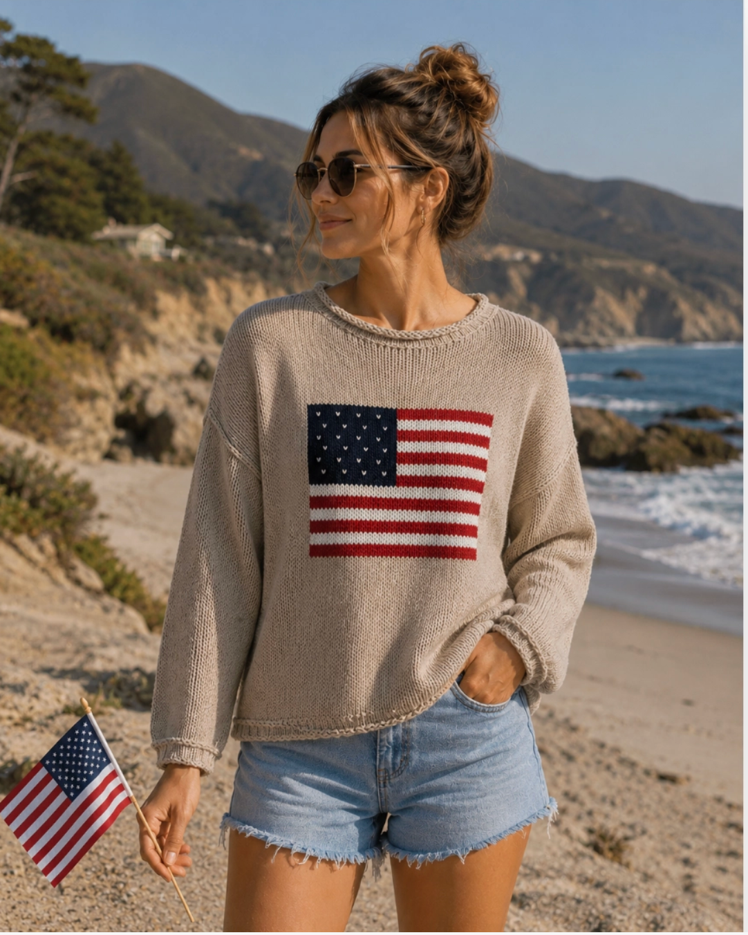 American Flag Taupe Rolled Chunky Sweater