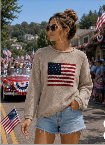 American Flag Taupe Rolled Chunky Sweater