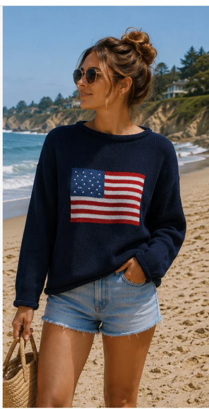 American Flag Navy Rolled Chunky Sweater