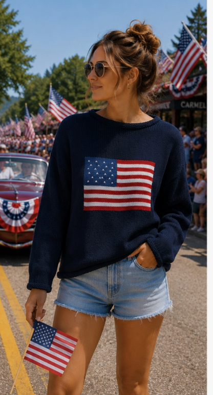 American Flag Navy Rolled Chunky Sweater